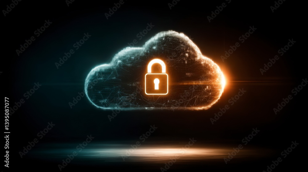 Aufkleber abstract cloud shape with glowing particles and a padlock, signifying digital security. dark backgro