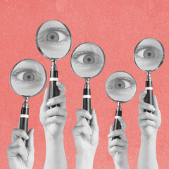 Abstract collage illustration of woman hands holding magnifying loupe glasses and big staring eyes visible behind loupe glass. Pink background. Grain, grunge, motion blur effect applied