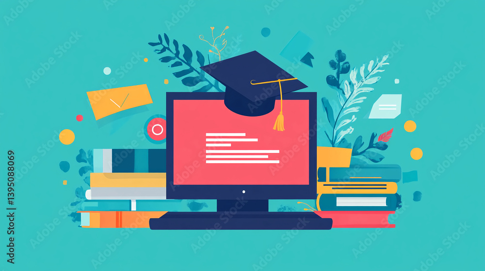 Poster online education courses and programs with graduation cap on computer for learning and development s