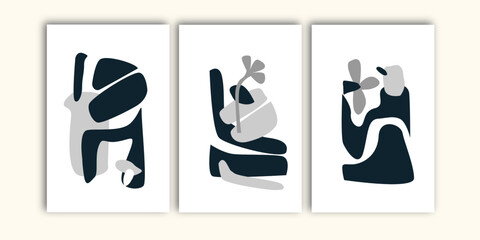 Set of three abstract minimalist wall art. Monochrome wall print, wall decoration, wall design