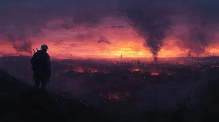 Obraz premium Person stands overlooking a city with a dramatic sunset and