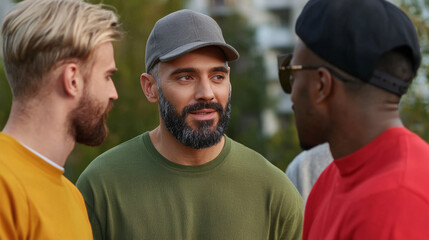 Obraz premium Engaged conversation among three men outdoors, showcasing diverse styles and expressions. men wear casual clothing, including green sweater, red shirt, and cap, creating relaxed atmosphere