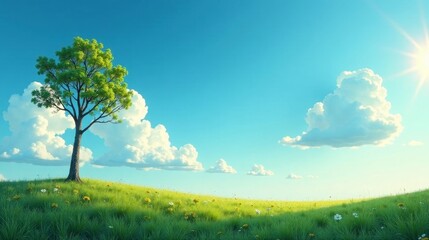 Fototapeta premium Serene Spring Meadow Landscape Solitary Tree on a Rolling Hill Under a Bright Blue Sky with Fluffy White Clouds and Abundant Wildflowers