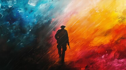 Fototapeta premium Silhouette of a person with a weapon against a colorful