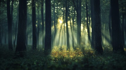 Fototapeta premium Sunlight filters through dense trees, illuminating the forest floor in a peaceful, ethereal glow, creating a tranquil woodland scene.