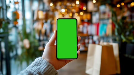 A hand holding a smartphone with a green screen mockup, perfect for showcasing shopping apps or e-commerce platforms. The screen is ready for custom design placement