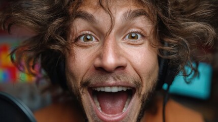 Close-up of excited man with curly hair and headphones shouting directly at camera in colorful studio lighting ideal for energetic content creators and expressive social media visuals