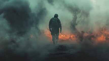 Person walks through smoke and fire in a desolate landscape.