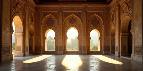 Obraz premium Serene Sunlit Hallway with Intricate Architectural Details and Archways Leading to a Tranquil Landscape