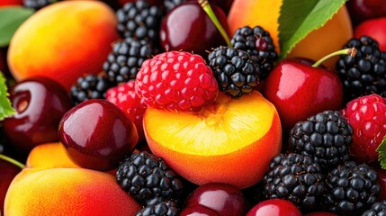 Vibrant close up of mixed summer fruits featuring berries, peaches, and cherries for freshness and colorful design