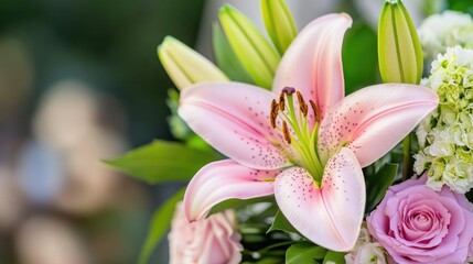 Fototapeta premium Elegant floral arrangement featuring close-up of pink lily surrounded by roses and carnations for decorative design