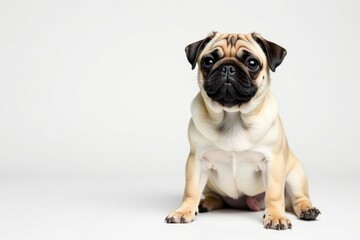 Fototapeta premium Adorable pug dog sits alone against a pure white background , adorable pug, closeup