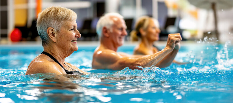 Active senior lifestyle, close-up of elderly couple exercising in swimming pool for healthy living and fitness routine