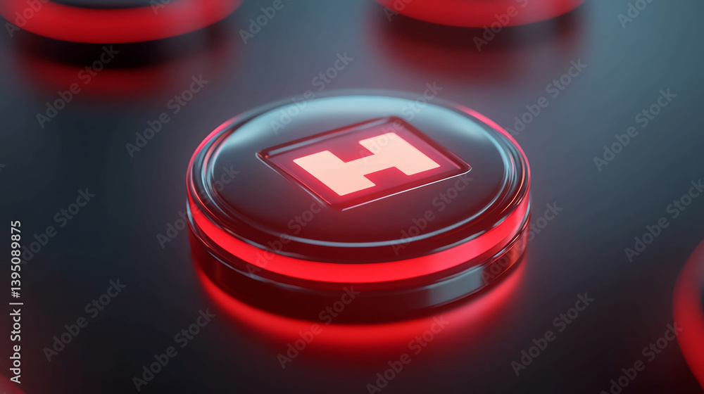 Poster red glowing button with h logo design for technology interface or futuristic control panel concept d