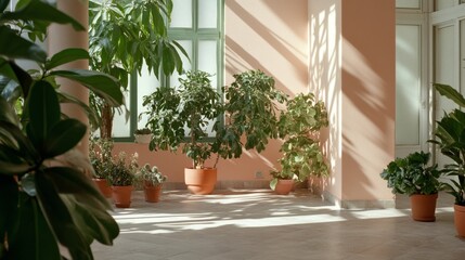 Fototapeta premium A bright sunlit room filled with vibrant potted plants, casting playful shadows on soft pink walls.