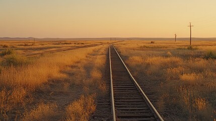 Endless railway tracks extend through a golden field under a warm, embracing sunset, symbolizing journeys taken and those yet to come.