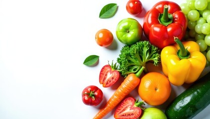 Assortment of organic fruits and vegetables on white background , farm, vibrant