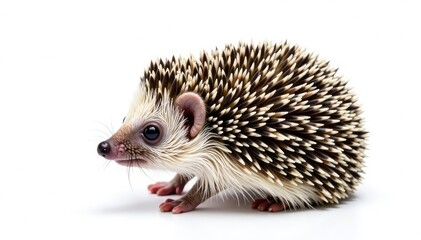 Obraz premium A tiny hedgehog, curled into a ball, isolated on pure white background , stock photo, minimalist