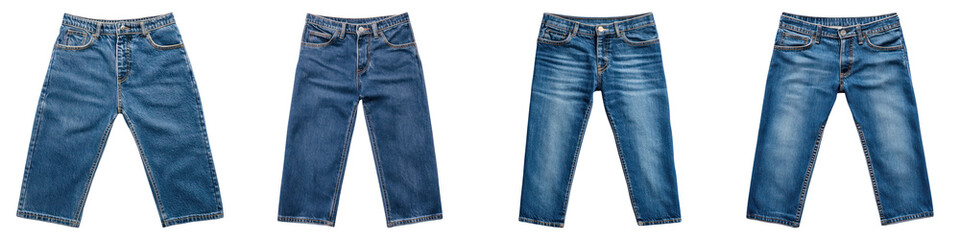 Classic denim jeans with various washes displayed in flat lay arrangement, showcasing and versatility