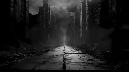 Obraz premium A pitch black roadway between tall structures. Silent Vanishing. Illustration
