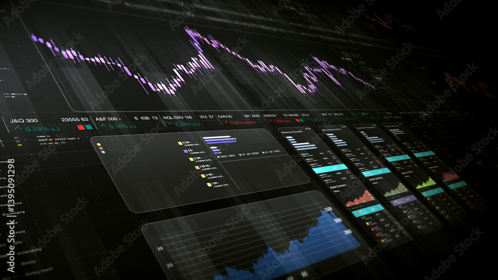 Fototapete Dynamic data visuals for business info graphics, animated charts, and data-driven insights for a business meeting mock-up. Explore the world of trading, stock exchanges, and crypto