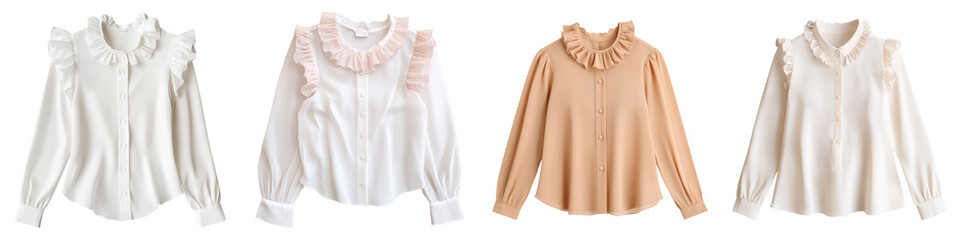 Sheer blouses with ruffle details in white, pink, and peach colors, perfect for fairycore aesthetic