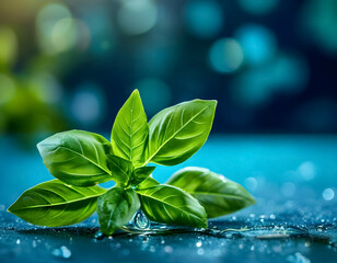 A Peppermint laying blurry blue background a Sample for design.