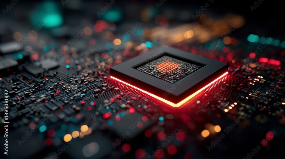 Poster close up of a central processing unit on a circuit board, illuminated with red and orange light. hig