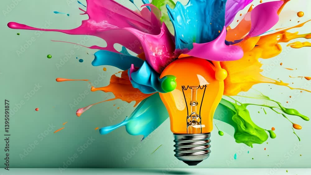 Aufkleber light bulb is exploding with colorful splash paint innovative a green background, representing creat