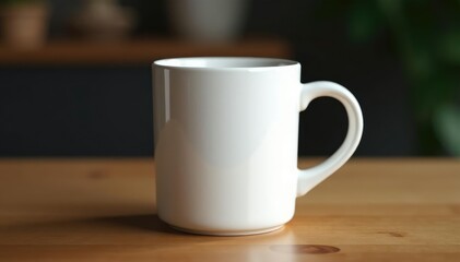 Classic white ceramic mug, handle detail visible, simple, vessel