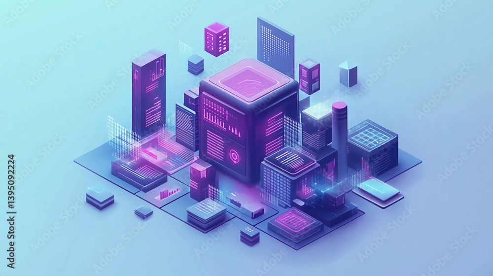 Poster isometric server room concept for cloud computing and data storage technology network architecture