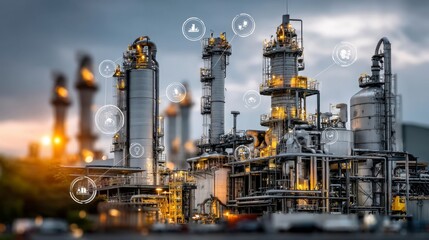 Industrial complex at twilight, illuminated with glowing icons, suggesting automation or digital overlay.
