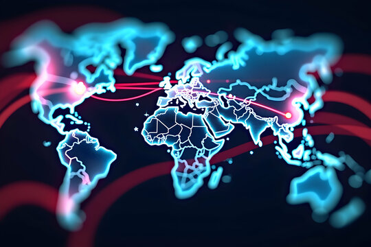 Futuristic world map visualization with interconnected global network, showcasing worldwide data flows and representing international stock exchange connectivity and dynamics