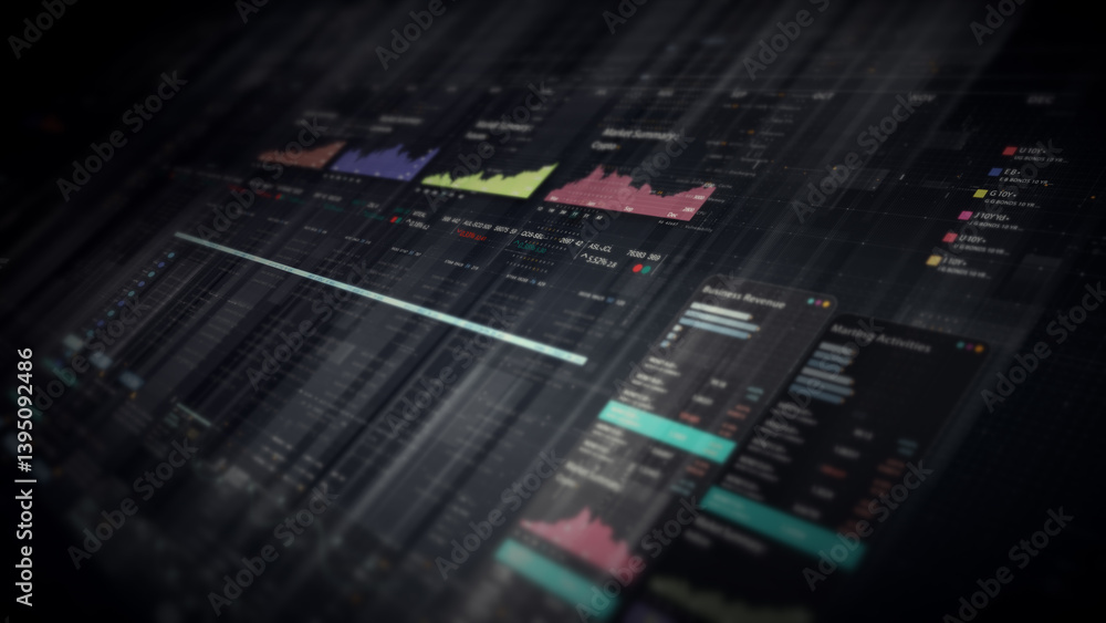 Fototapete Dynamic data visuals for business info graphics, animated charts, and data-driven insights for a business meeting mock-up. Explore the world of trading, stock exchanges, and crypto