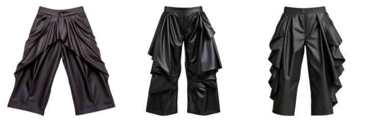 High fashion avant garde pants featuring asymmetrical cuts and unique designs, perfect for bold statements