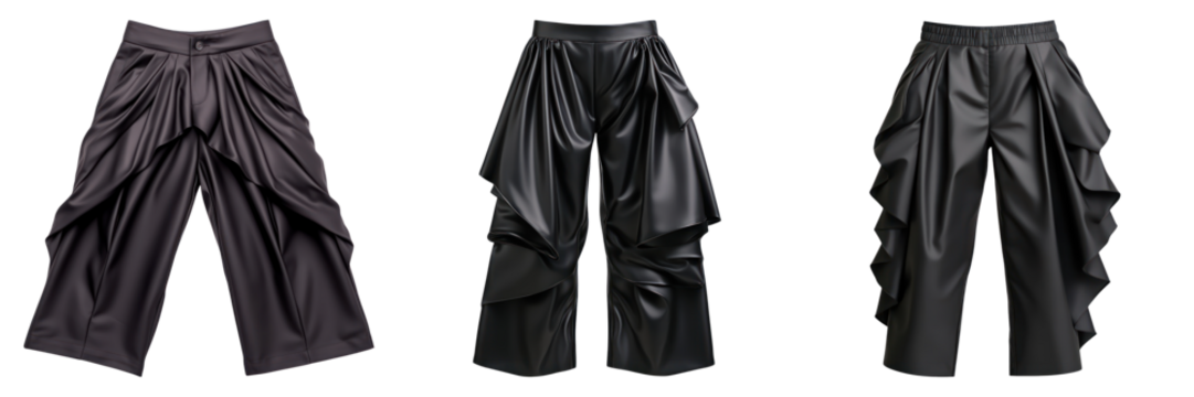 High fashion avant garde pants featuring asymmetrical cuts and unique designs, perfect for bold statements