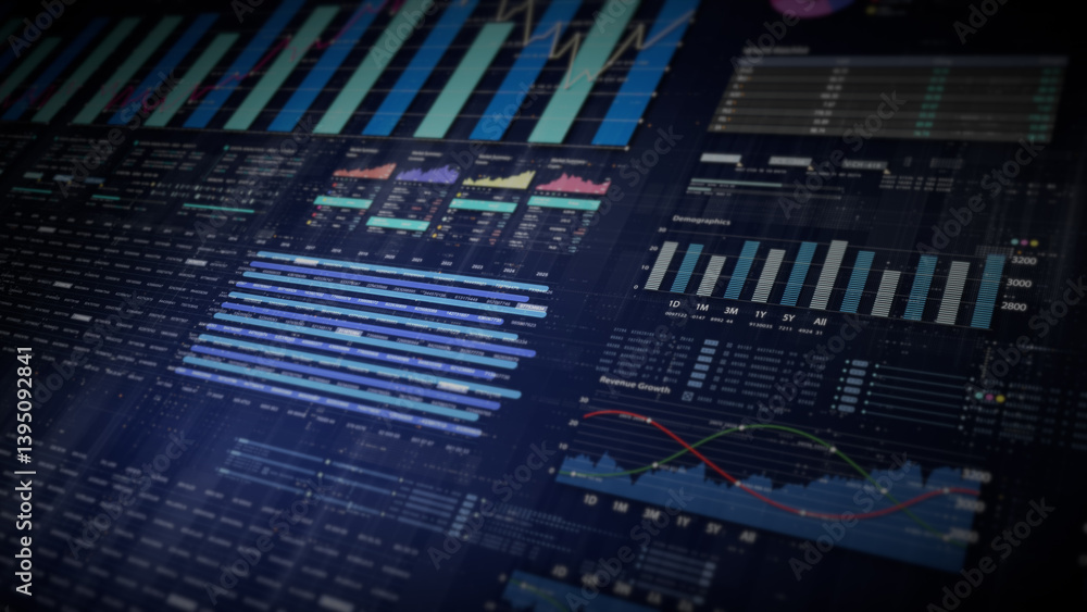 Fototapete Dynamic data visuals for business info graphics, animated charts, and data-driven insights for a business meeting mock-up. Explore the world of trading, stock exchanges, and crypto