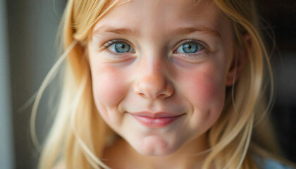 A close-up portrait of a young girl with blonde hair, 10 year old,  rosy cheeks and bright blue eyes, conveying a sense of innocence, light-skinned complexion, and bright blue eyes. 