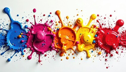 Collection diverse colorful paint splatters on white backdrop, isolated, watercolor