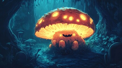 A monster resembling a glowing mushroom growing in a dark cave 