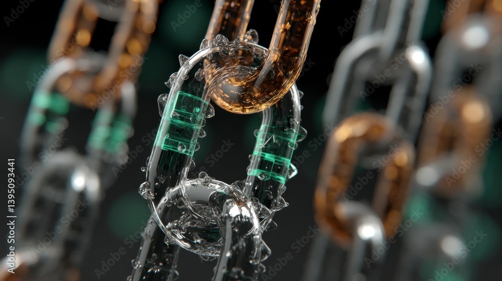 Poster abstract image of interconnected chains with glowing green and amber links, creating a sense of conn