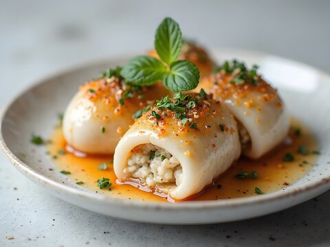 Stuffed Squid with Rice and Herbs: Tender homemade stuffed squid filled with rice and herbs, neatly served with sauce, against a softly blurred pale gray background.