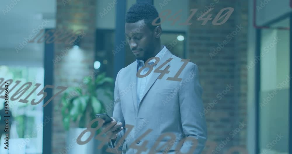 Poster businessman using smartphone with floating numbers animation in modern office