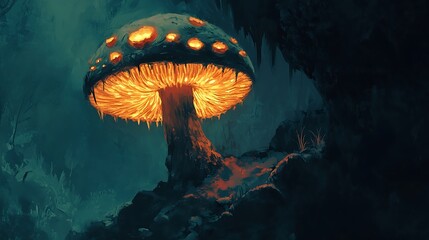 A monster resembling a glowing mushroom growing in a dark cave 