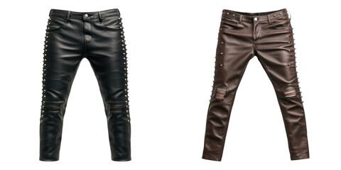 Stylish punk rock leather pants in black and brown, showcasing bold and edgy fashion statement. Perfect for rebellious look