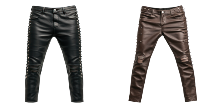 Stylish punk rock leather pants in black and brown, showcasing bold and edgy fashion statement. Perfect for rebellious look