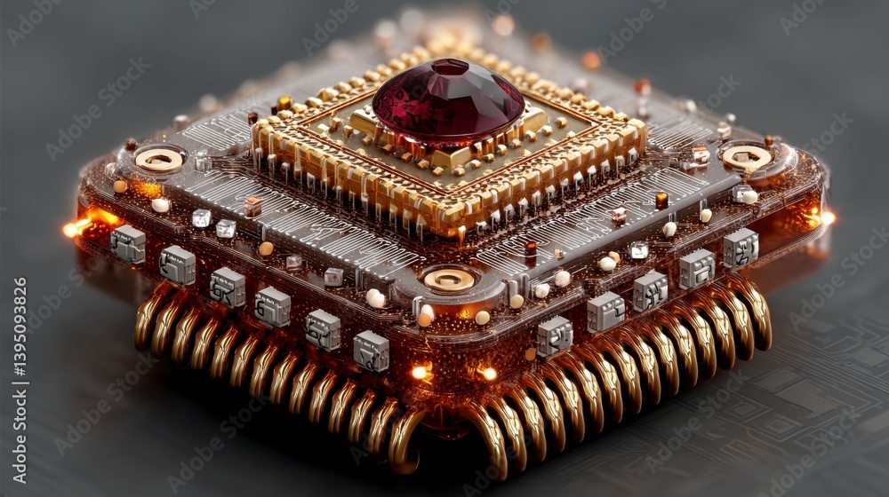 Poster close up of a detailed, technologically advanced microchip with a central ruby gemstone, showcasing 