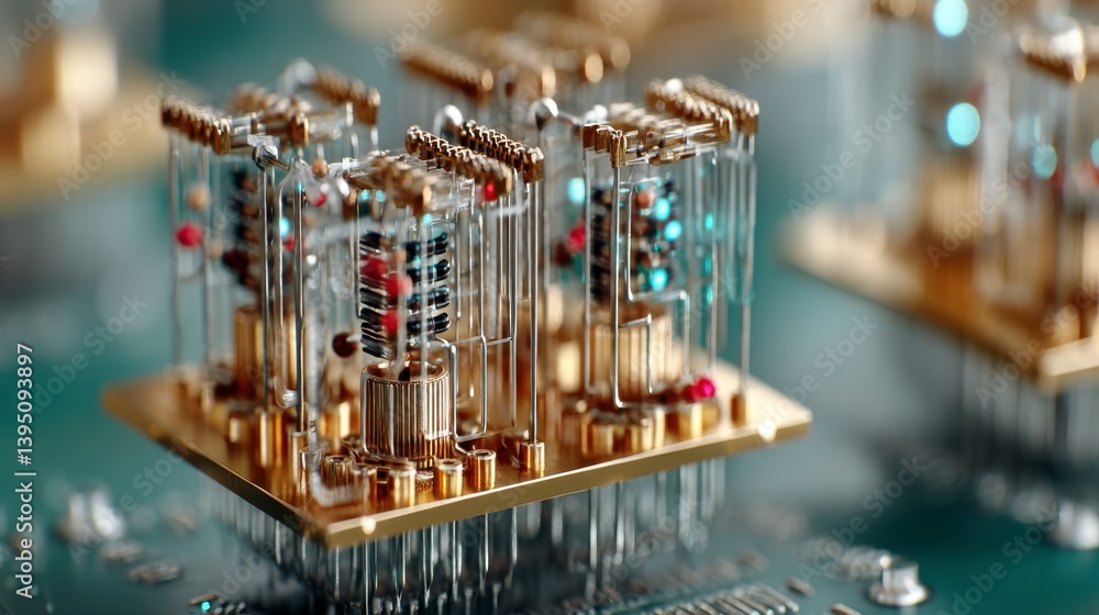 Poster close up of intricate gold and transparent circuit boards with glowing components.