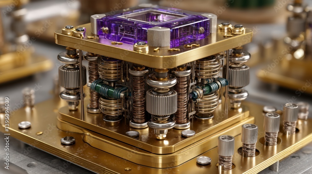 Poster close up view of intricate golden mechanical device with purple cube center, detailed gears and meta