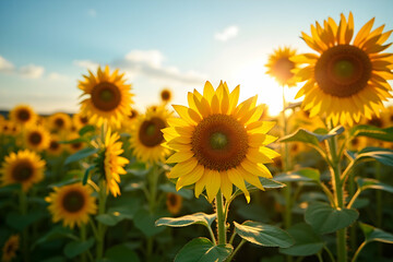 Golden Sunflower Meadow, A Stunning Vista of Tall, Bright Yellow Sunflowers Under a Clear Blue Sky Bathed in Warm Sunlight, Evoking Joy and Serenity